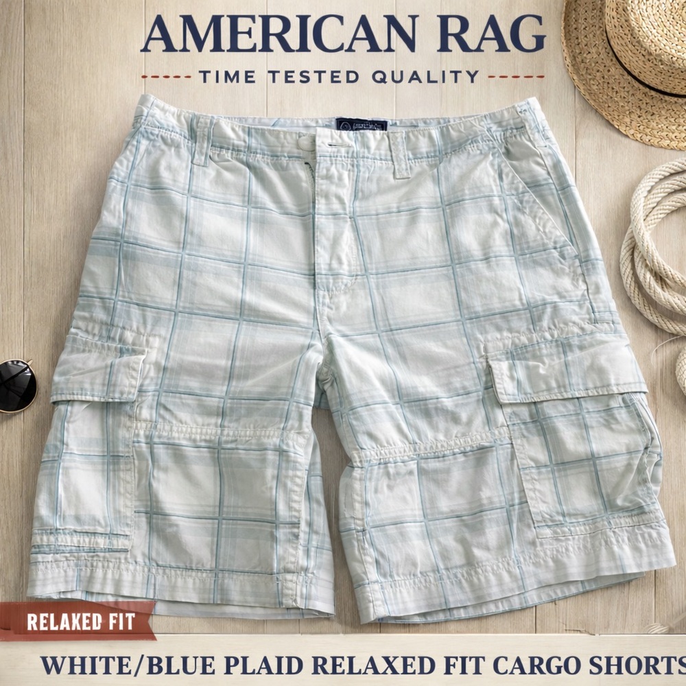 American Rag White/Blue Plaid Relaxed Fit Cargo Shorts- 33